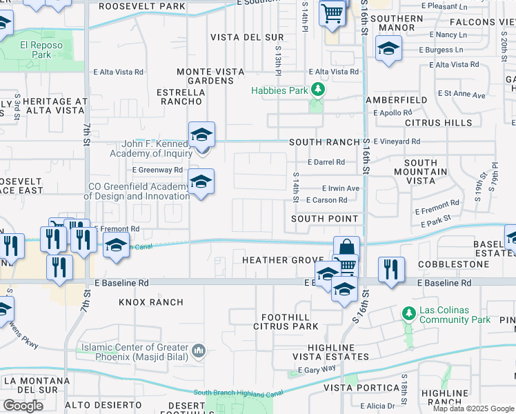 map of restaurants, bars, coffee shops, grocery stores, and more near 7212 South 13th Street in Phoenix