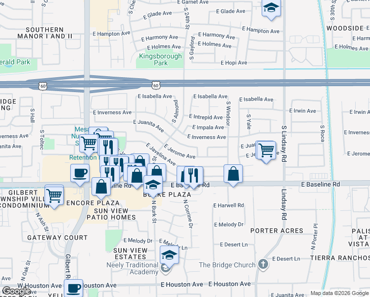 map of restaurants, bars, coffee shops, grocery stores, and more near 2425 East Jerome Avenue in Mesa