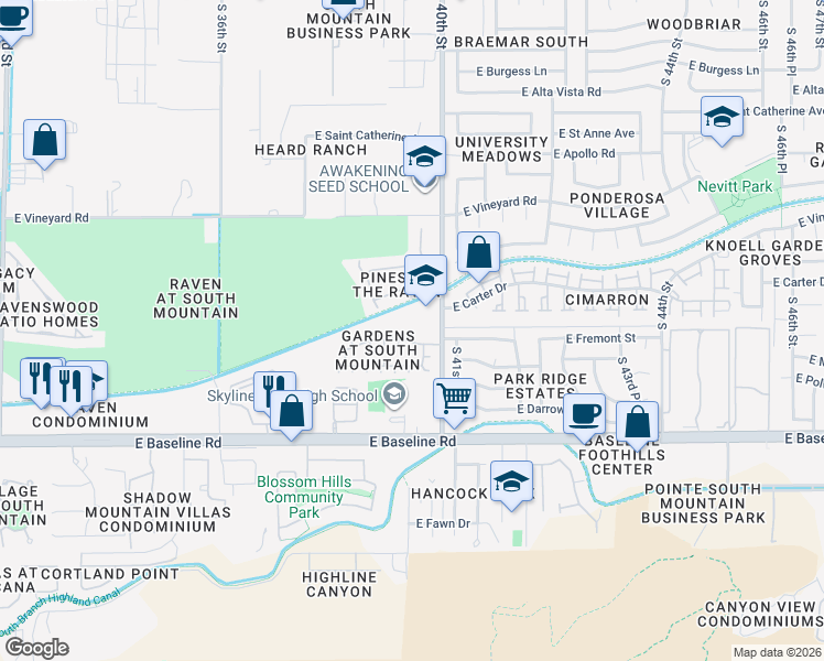 map of restaurants, bars, coffee shops, grocery stores, and more near 7221 South 39th Way in Phoenix