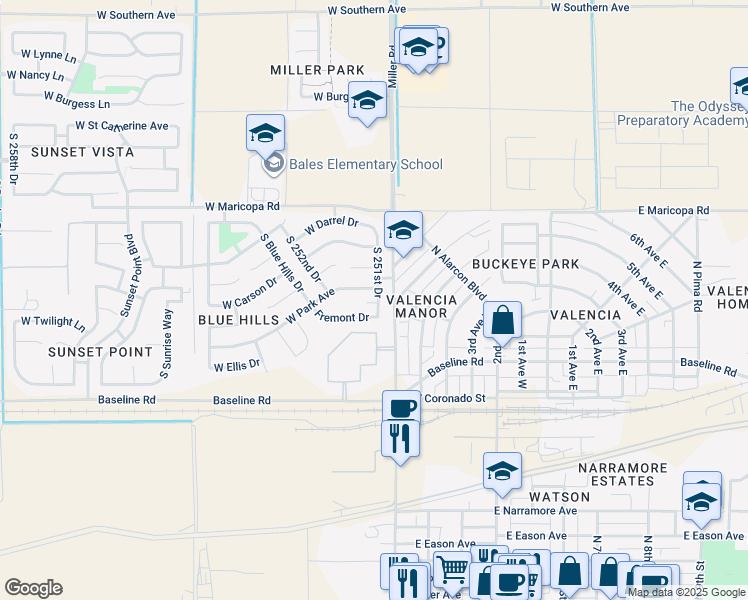 map of restaurants, bars, coffee shops, grocery stores, and more near 7152 South 251st Drive in Buckeye
