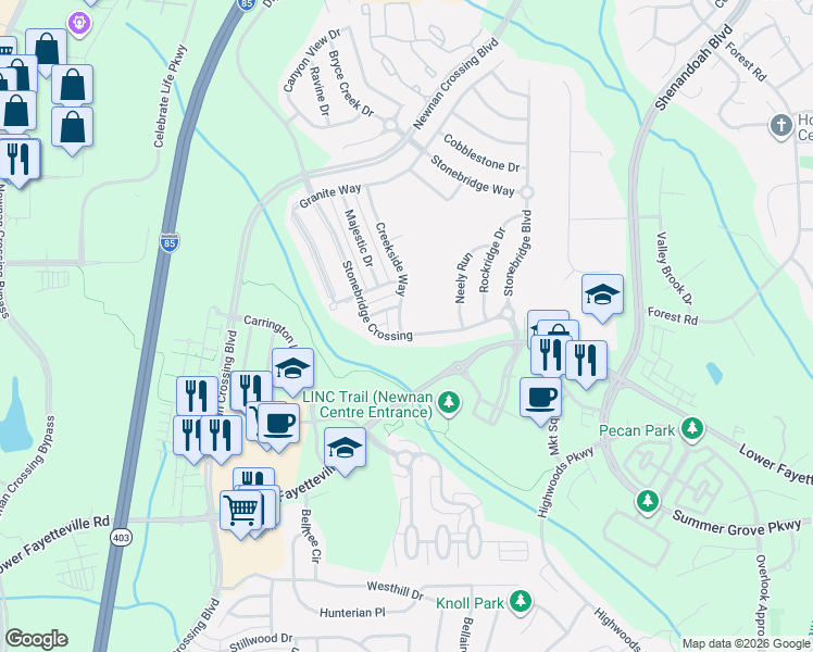 map of restaurants, bars, coffee shops, grocery stores, and more near 6 Creekside Way in Newnan