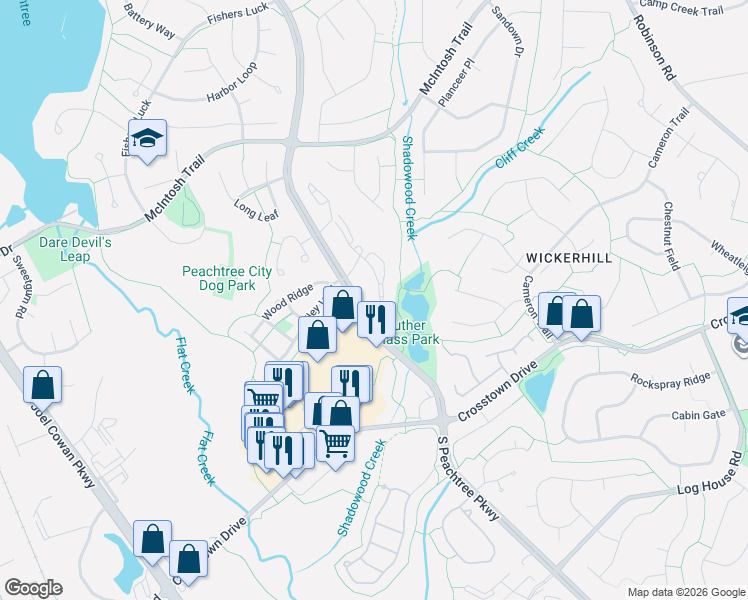 map of restaurants, bars, coffee shops, grocery stores, and more near 507 Ridgefield Drive in Peachtree City