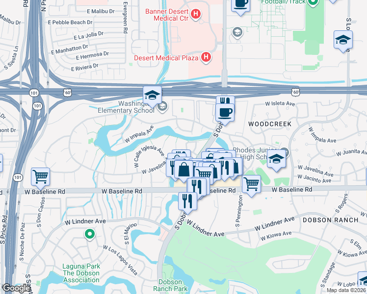 map of restaurants, bars, coffee shops, grocery stores, and more near 2117 West Jibsail Loop in Mesa