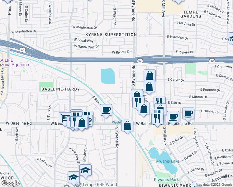 map of restaurants, bars, coffee shops, grocery stores, and more near Baseline Mobile Home Park in Tempe