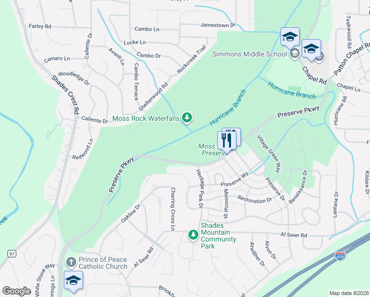 map of restaurants, bars, coffee shops, grocery stores, and more near 440 Preserve Parkway in Birmingham