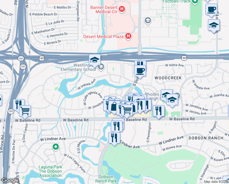 map of restaurants, bars, coffee shops, grocery stores, and more near 2117 West Jibsail Loop in Mesa