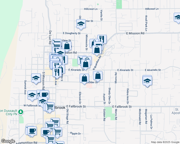 map of restaurants, bars, coffee shops, grocery stores, and more near 205 South Brandon Road in Fallbrook