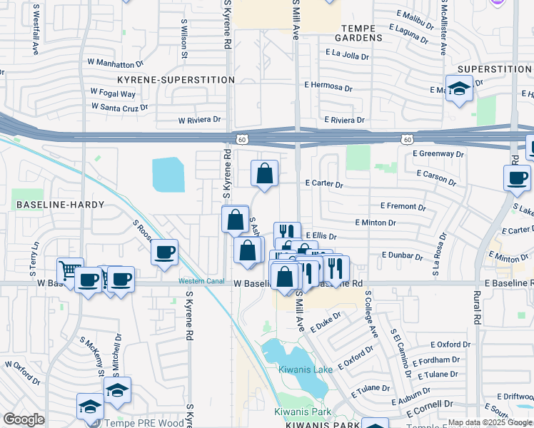 map of restaurants, bars, coffee shops, grocery stores, and more near 4685 South Ash Avenue in Tempe