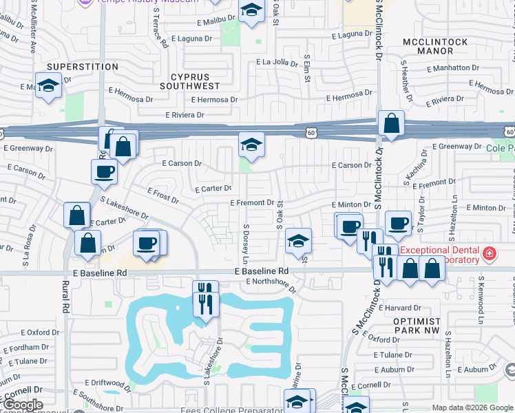 map of restaurants, bars, coffee shops, grocery stores, and more near 1321 East Minton Drive in Tempe