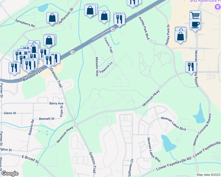 map of restaurants, bars, coffee shops, grocery stores, and more near 106 Torero Trail in Newnan