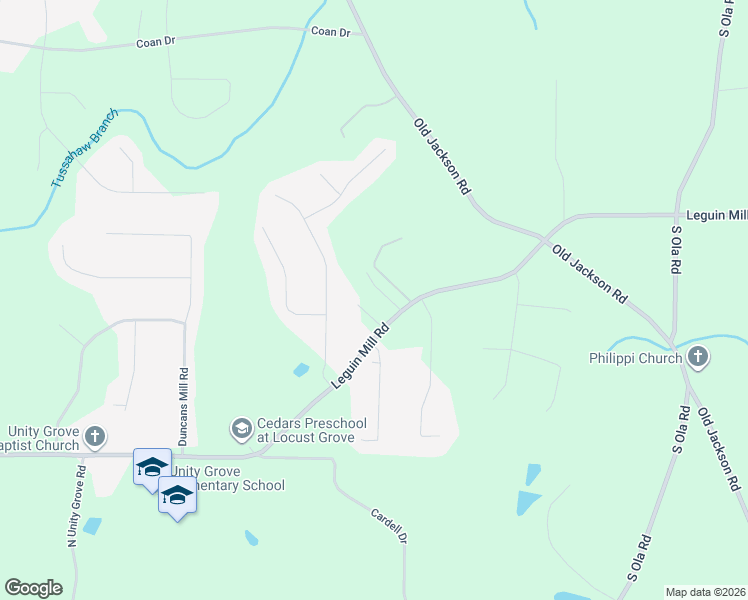 map of restaurants, bars, coffee shops, grocery stores, and more near 1555 Leguin Mill Road in Locust Grove