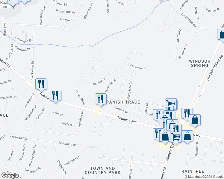 map of restaurants, bars, coffee shops, grocery stores, and more near 2575 San Sebastian Court in Hephzibah