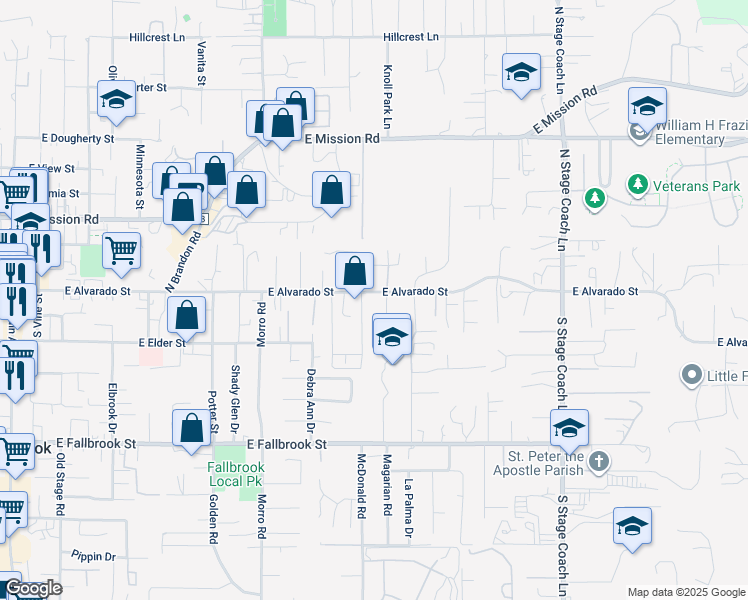 map of restaurants, bars, coffee shops, grocery stores, and more near 133 Shelby Lane in Fallbrook