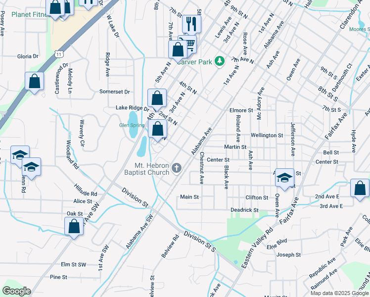 map of restaurants, bars, coffee shops, grocery stores, and more near 94 Alabama Avenue in Bessemer