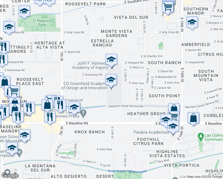map of restaurants, bars, coffee shops, grocery stores, and more near 7009 South 10th Street in Phoenix