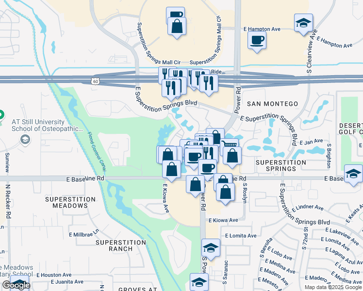 map of restaurants, bars, coffee shops, grocery stores, and more near 6535 East Superstition Springs Boulevard in Mesa