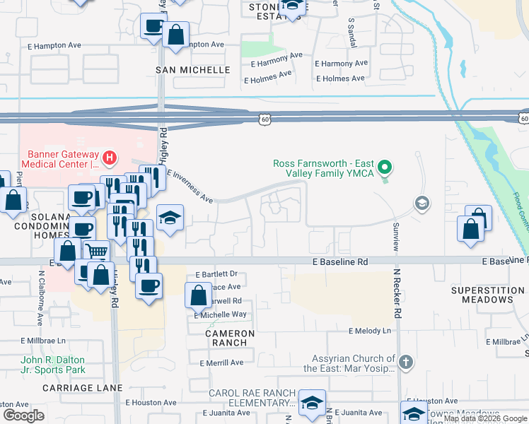 map of restaurants, bars, coffee shops, grocery stores, and more near 1935 South Sunnyvale Avenue in Mesa