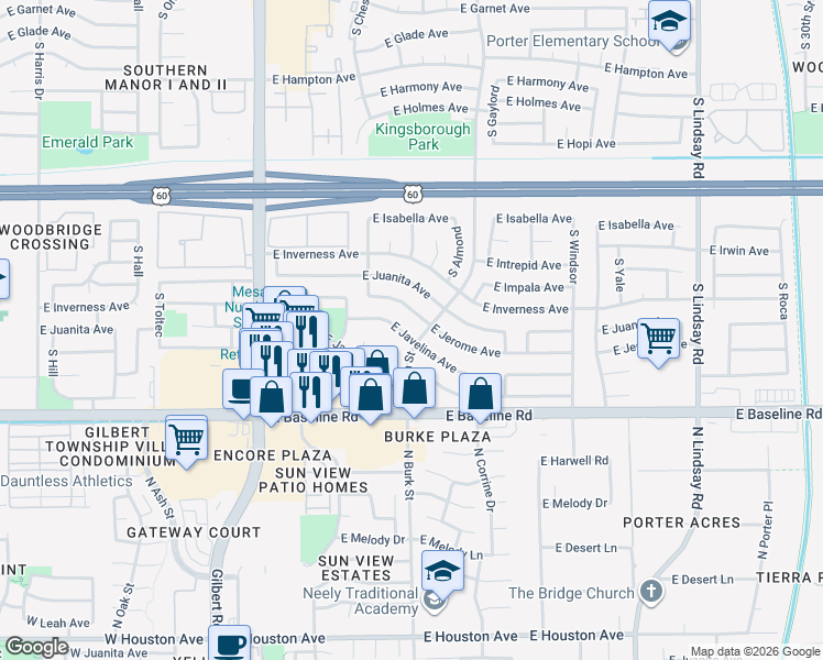 map of restaurants, bars, coffee shops, grocery stores, and more near 2237 East Jerome Avenue in Mesa
