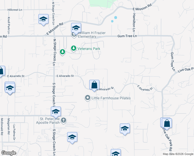 map of restaurants, bars, coffee shops, grocery stores, and more near 130 Orvil Way in Fallbrook