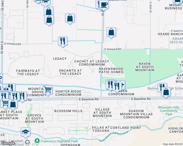 map of restaurants, bars, coffee shops, grocery stores, and more near 3131 East Legacy Drive in Phoenix