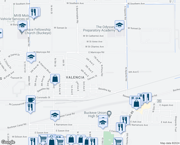 map of restaurants, bars, coffee shops, grocery stores, and more near 215 5th Avenue East in Buckeye
