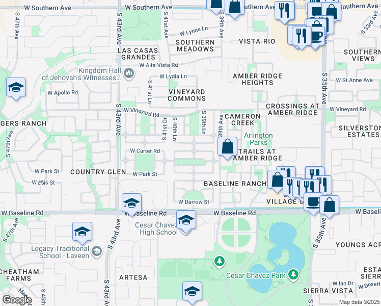 map of restaurants, bars, coffee shops, grocery stores, and more near 7202 South 40th Avenue in Phoenix