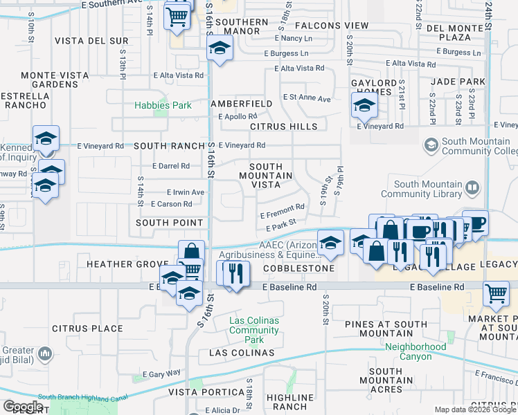map of restaurants, bars, coffee shops, grocery stores, and more near 1709 East Carson Road in Phoenix