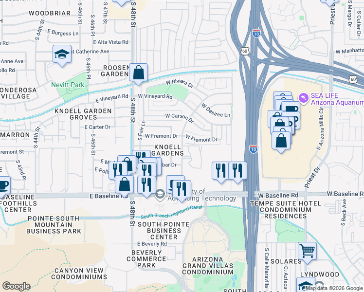 map of restaurants, bars, coffee shops, grocery stores, and more near South Calle Los Cerros Drive in Tempe