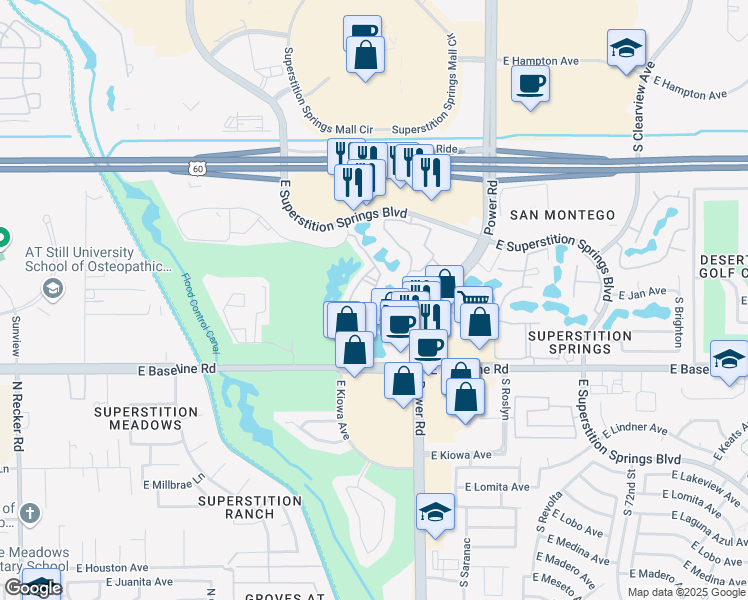 map of restaurants, bars, coffee shops, grocery stores, and more near 6535 East Superstition Springs Boulevard in Mesa
