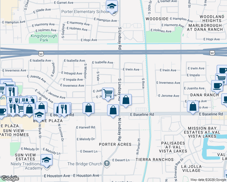map of restaurants, bars, coffee shops, grocery stores, and more near 2733 East Inverness Avenue in Mesa