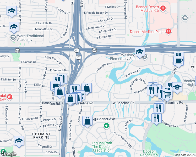 map of restaurants, bars, coffee shops, grocery stores, and more near 2619 West Isabella Avenue in Mesa