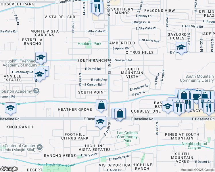 map of restaurants, bars, coffee shops, grocery stores, and more near 7034 South 16th Place in Phoenix