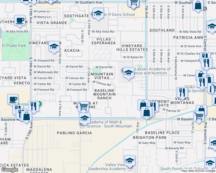 map of restaurants, bars, coffee shops, grocery stores, and more near 1207 West Maldonado Road in Phoenix