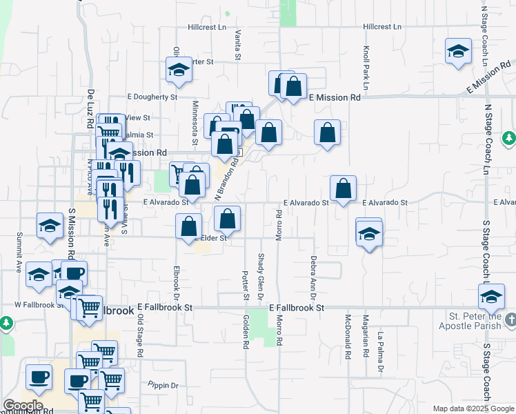 map of restaurants, bars, coffee shops, grocery stores, and more near 818 East Alvarado Street in Fallbrook