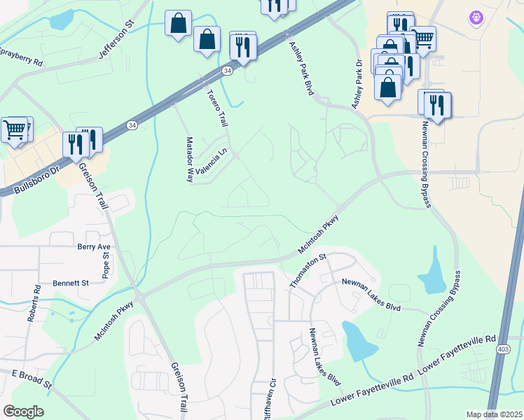 map of restaurants, bars, coffee shops, grocery stores, and more near 76 Torero Trail in Newnan