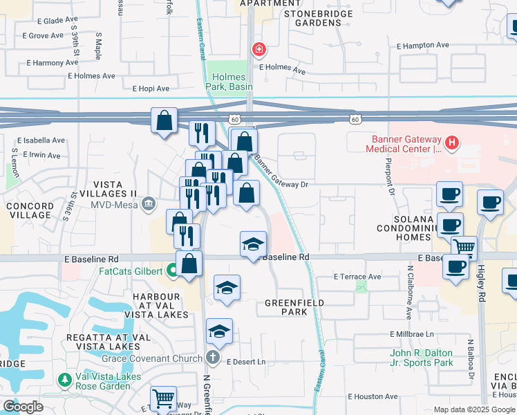 map of restaurants, bars, coffee shops, grocery stores, and more near East Inverness Avenue in Mesa