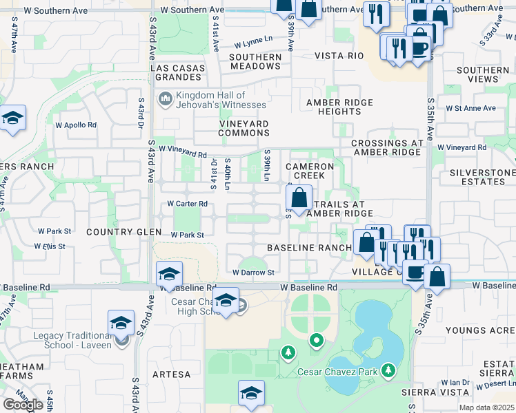 map of restaurants, bars, coffee shops, grocery stores, and more near 7201 South 40th Avenue in Phoenix