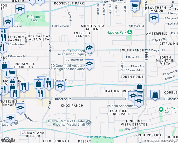 map of restaurants, bars, coffee shops, grocery stores, and more near 7009 South 10th Street in Phoenix