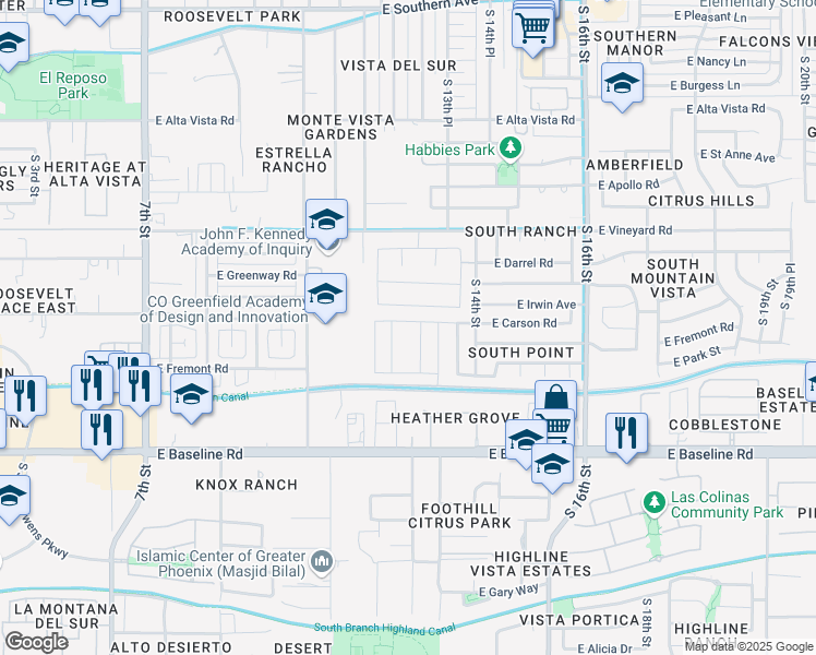 map of restaurants, bars, coffee shops, grocery stores, and more near 1241 East Carson Road in Phoenix