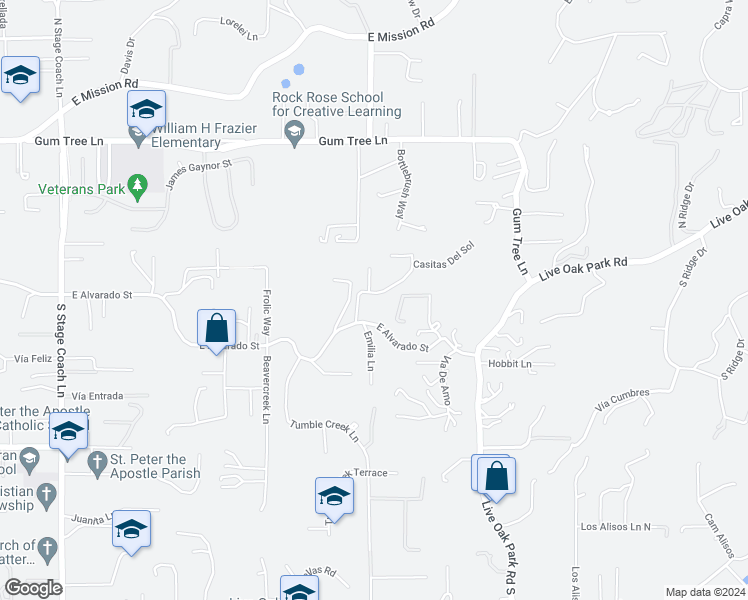 map of restaurants, bars, coffee shops, grocery stores, and more near 129 Emilia Lane in Fallbrook