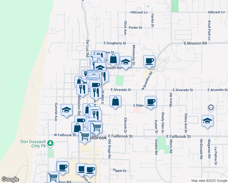 map of restaurants, bars, coffee shops, grocery stores, and more near 310 East Alvarado Street in Fallbrook