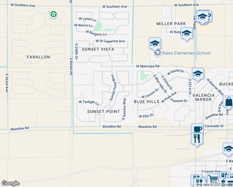map of restaurants, bars, coffee shops, grocery stores, and more near 7059 South Summerset Lane in Buckeye
