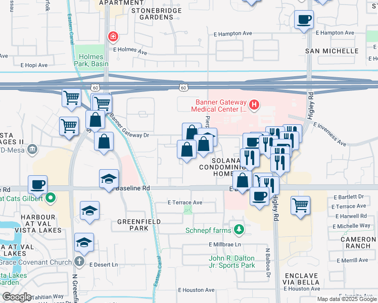 map of restaurants, bars, coffee shops, grocery stores, and more near 4838 East Baseline Road in Mesa