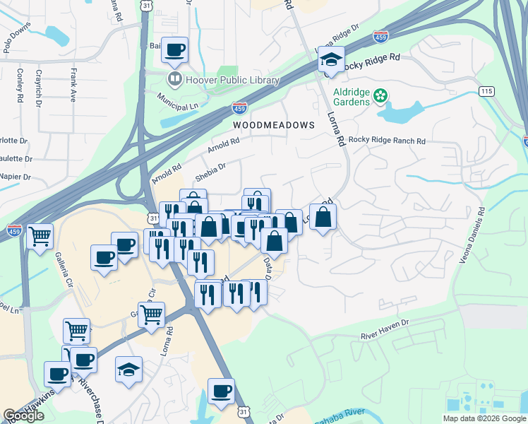 map of restaurants, bars, coffee shops, grocery stores, and more near 2000 Longleaf Drive in Hoover