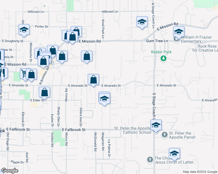 map of restaurants, bars, coffee shops, grocery stores, and more near 103 South Mercedes Road in Fallbrook