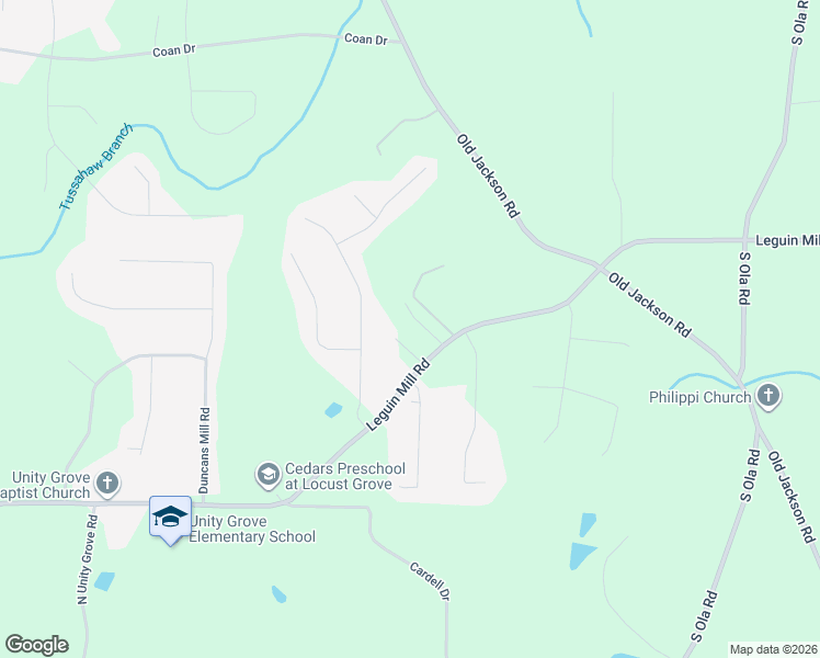 map of restaurants, bars, coffee shops, grocery stores, and more near 1593 Leguin Mill Road in Locust Grove