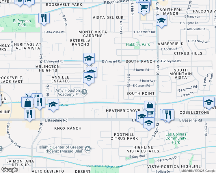 map of restaurants, bars, coffee shops, grocery stores, and more near 7203 South 12th Way in Phoenix