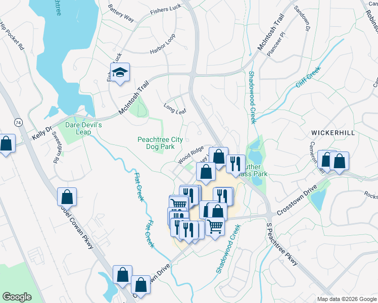 map of restaurants, bars, coffee shops, grocery stores, and more near 318 Wood Ridge in Peachtree City