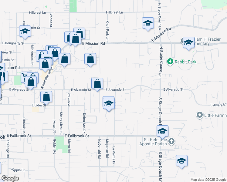map of restaurants, bars, coffee shops, grocery stores, and more near 103 South Mercedes Road in Fallbrook