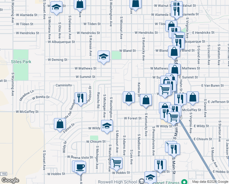 map of restaurants, bars, coffee shops, grocery stores, and more near 1000 Rancho Road in Roswell